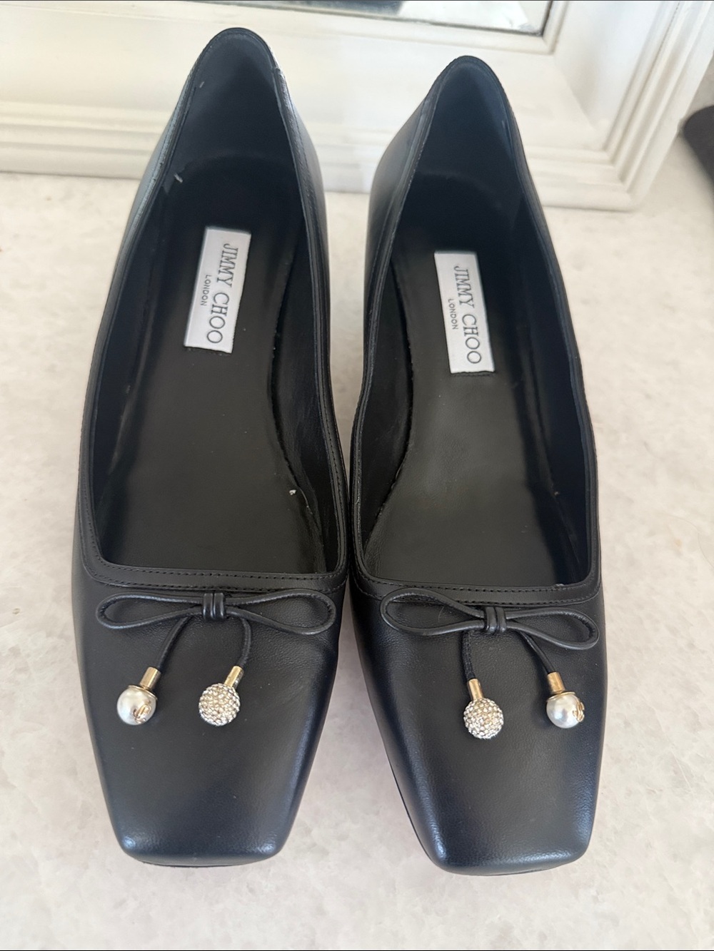 Jimmy Choo Black Leather Square-Toe with Crystal & Pearl Charms size 41